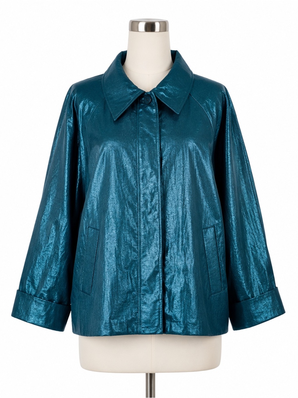 Chico’s Size 3 Metallic Teal Jacket Shimmer Statement Button Coat
